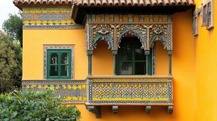 Ornate Balcony, Yellow Walls,  Intricate Tilework, Architectural Detail, Spanish Style