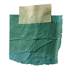 Isolated cut out torn piece of green crumpled paper note with rough texture edges and adhesive sticky tape with copy space for text, transparent png background design element