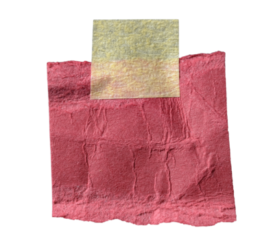 Red cut out torn piece of crumpled paper note with rough texture edges and adhesive sticky tape with copy space for text, transparent png background design element