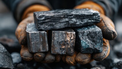 Mining worker holding raw coal pieces, showcasing the industry's valuable resources with leather gloves