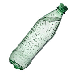 Realistic tilted green plastic bottle filled with liquid and smooth reflective surface
