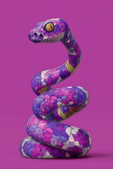 Fototapeta premium Colorful, stylized snake coiled against a vibrant purple background, showcasing unique patterns