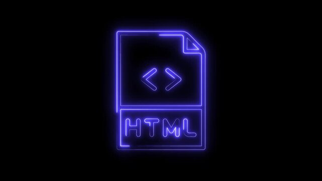 Glowing neon html file icon on black background highlighting web development and coding