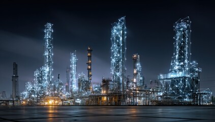 Obraz premium Futuristic illuminated industrial plant at night with glowing network connections, energy and technology concepts