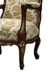 An exquisite antique-style armchair with hand-carved dark wood, intricate gold patina, and plush fabric with a classic floral pattern, studio lighting, concept of historical grandeur and luxury