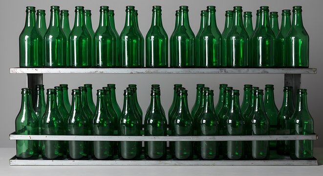 Rows of Empty Green Glass Bottles on Industrial Shelving
