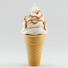 Delicious vanilla soft serve ice cream cone drizzled with caramel sauce isolated on white background, a sweet and refreshing treat for summer days