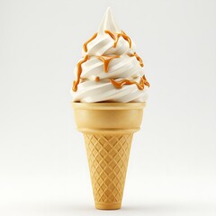Indulge in a creamy vanilla soft serve ice cream cone with caramel drizzle isolated on white background, a perfect summer dessert to beat the heat
