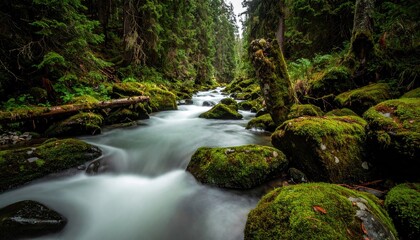 Obraz premium Lush Forest Stream with Mossy Rocks and Ethereal Light Streams of Water Over Smooth Stones in Verdant Setting