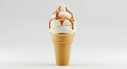 Delicious soft serve ice cream cone with caramel drizzle isolated on white background, a sweet treat perfect for a hot summer day