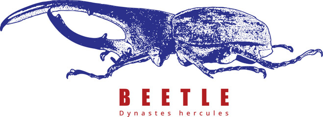 Hercules Beetle Walking Side View Engraving. Blue Dynastes hercules Retro Stipple Art. High Contrast Graphic for Apparel or Logo. Entomology, Isolated.