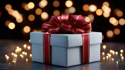 Gift box with red ribbon and bow on dark background with warm bokeh lights, festive and elegant holiday present