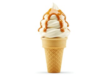 Enjoy this creamy soft serve ice cream cone with caramel sauce, a delightful dessert isolated on white background, perfect for any occasion