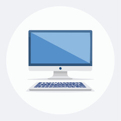 Fototapeta premium Illustration of a desktop computer with a blue screen and keyboard, presented in a clean, minimalist style against a white circular background.
