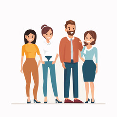 Fototapeta premium Four smiling cartoon characters stand together in a friendly group, two women and one man with arms around each other.