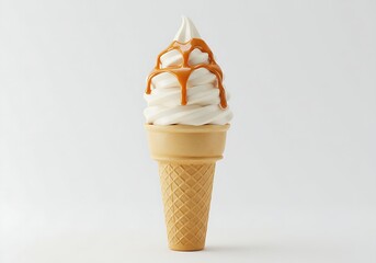 Indulge in this soft serve ice cream cone with caramel sauce isolated on white background, a perfect blend of creamy and sweet flavors for summer
