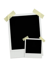Large and small blank instant print photo frames with matte white borders, velvety black centers, peeling yellow tape, isolated on transparent. Concept of potential and anticipation