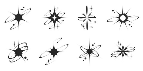 Star icons set. Vector Y2K elements with shine and sparks. Retro graphic symbols. Twinkles abstract shapes on white background. Futuristic sparkles silhouette