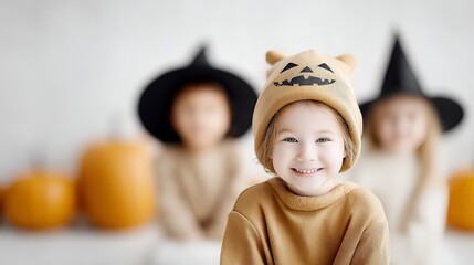 Inclusive Halloween Celebration with Festive Atmosphere, A cheerful child in a pumpkin hat smiles, with two friends in witch hats and pumpkins in the background.