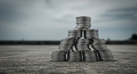 A pyramid of silver coins stacked on concrete surface