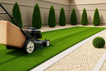 Lawn mower on neatly striped green grass in backyard garden with decorative bushes and stones in bright light. Ai generative.