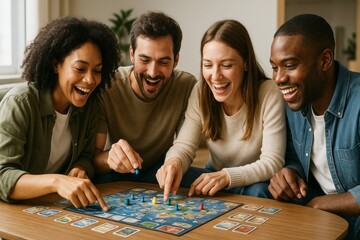 Group of young adults playing a board game and enjoying quality time together in a cozy home setting with bright natural light background. Ai generative