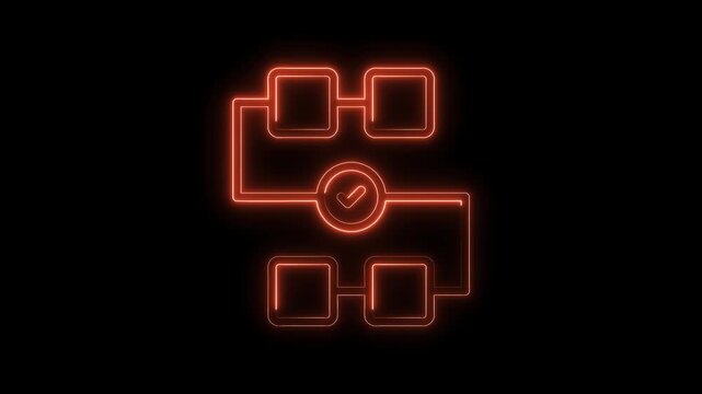 Glowing neon flowchart diagram with checkmark on dark background illustrating progress and workflow