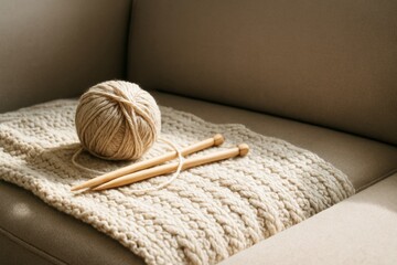 Cozy beige yarn ball and knitting needles on textured knitted fabric, placed on a sofa in natural warm light background. Ai generative. Ai generative