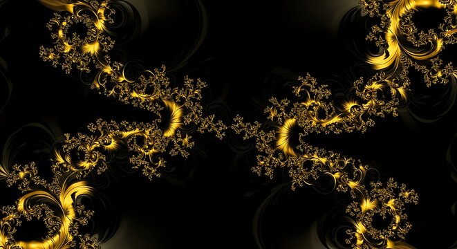 Intricate golden fractal patterns on a contrasting black background create elegant abstract design