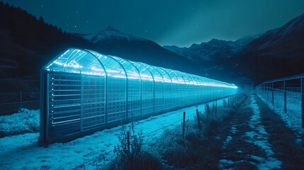 Illuminated greenhouse, mountain valley, nighttime, farming