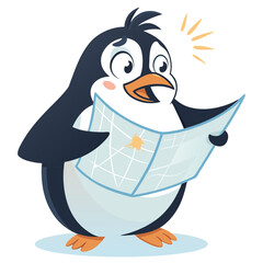 A surprised penguin looking at a map with a stain on it.
