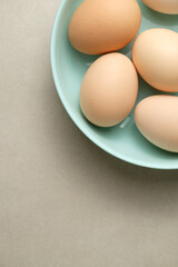 Fresh eggs resting in a light blue plate on a neutral background