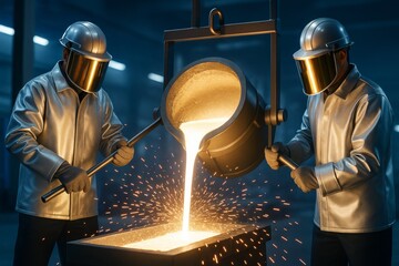 Workers pour molten metal into mold in foundry with glowing light, sparks flying, and industrial background in futuristic concept scene. Ai generative