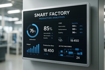 Smart factory digital dashboard displaying production analytics and performance metrics on a screen in a high-tech industrial environment. Ai generative