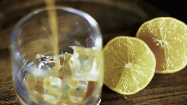 Pouring Liquor Into Glass With Crystal Ice Cubes. Bartender Preparing Alcoholic Cocktail Beverage