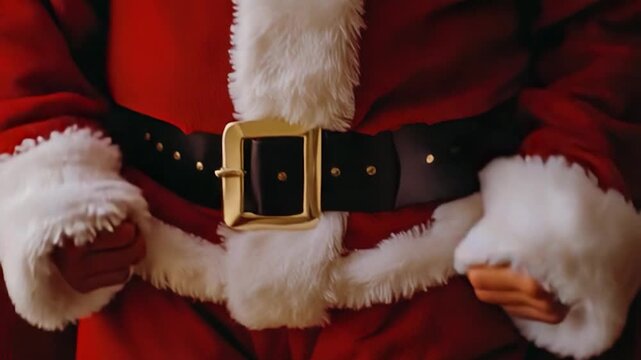 A close-up shot of Santa Claus in his iconic red and white suit