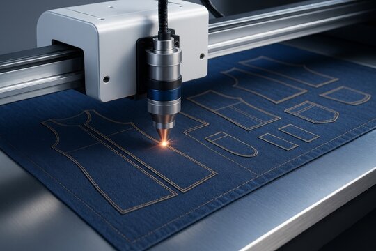 Automated laser cutting machine precisely cuts denim fabric into clothing patterns in a high-tech environment with focused lighting background. Ai generative