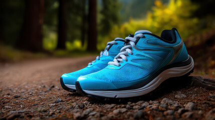 Blue running shoe on forest trail with soft focus background creating calm and peaceful outdoor atmosphere