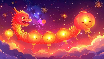 Naklejka premium Festive dragon lanterns illuminated against starry sky background