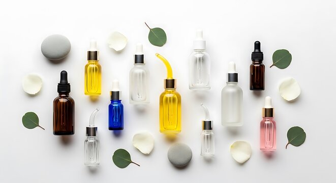 Botanical Beauty Elixir: A Serene Still Life of Essential Oil Bottles and Natural Elements