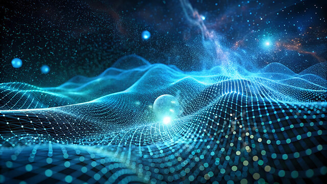 Waves In A Digital Grid With Particles Atomic Modern Abstract Visualization