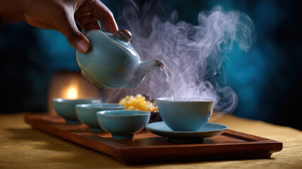 Steaming hot tea being poured from ceramic teapot into cup on wooden tray, creating warm and cozy atmosphere