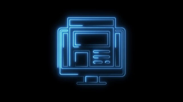 Neon outline of computer with website mockup on black background internet and technology