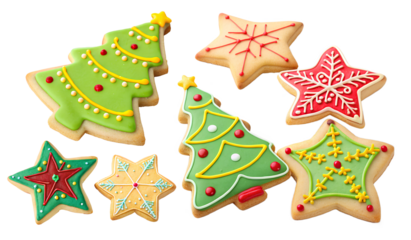 Christmas tree and star shaped sugar cookies with icing
