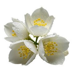 transparent jasmine cluster, unfurling petals, dew drops, vibrant yellow stamens, isolated transparent, extreme macro, concept of delicate natural beauty