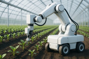 Futuristic robotic arm tending to young plants in a greenhouse showcasing agricultural automation on a bright day with a green background concept. Ai generative