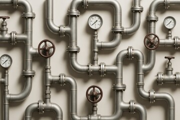 Industrial metal pipes with valves and pressure gauges forming an abstract network pattern on a light background. Ai generative. Ai generative