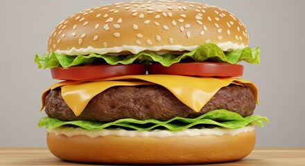 A juicy burger with cheese, lettuce, and tomato on a sesame seed bun, a classic american meal, perfect for lunch or dinner, close up shot
