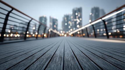 Fototapeta premium A blurred cityscape view from a low wooden boardwalk with railing and glowing lights at twilight.