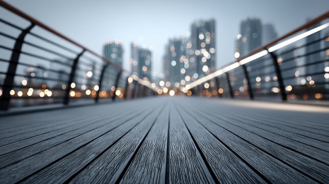 A blurred cityscape view from a low wooden boardwalk with railing and glowing lights at twilight.
